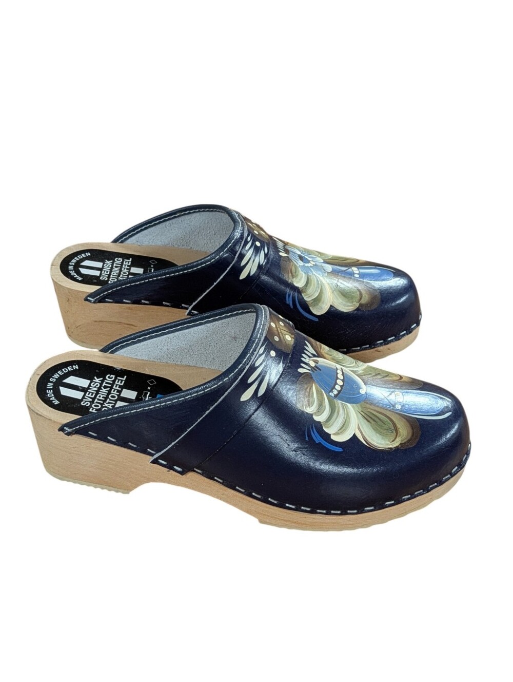 Swedish Wooden Clogs Navy Floral Hand-Painted Leather Size 37 - Picture 7 of 12